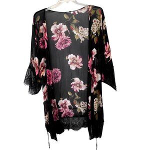 Anthropologie By Eloise Kimono Robe M 100% Silk Black Floral Roses Lace Belt